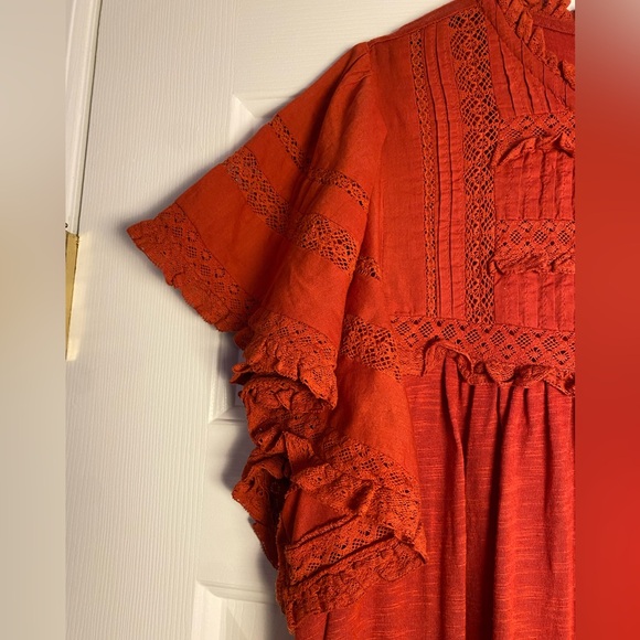 NWT Boden Red/Rust Orange Short Sleeve Lace Yoke Dress Size 16/18L *No Belt* - Picture 5 of 12